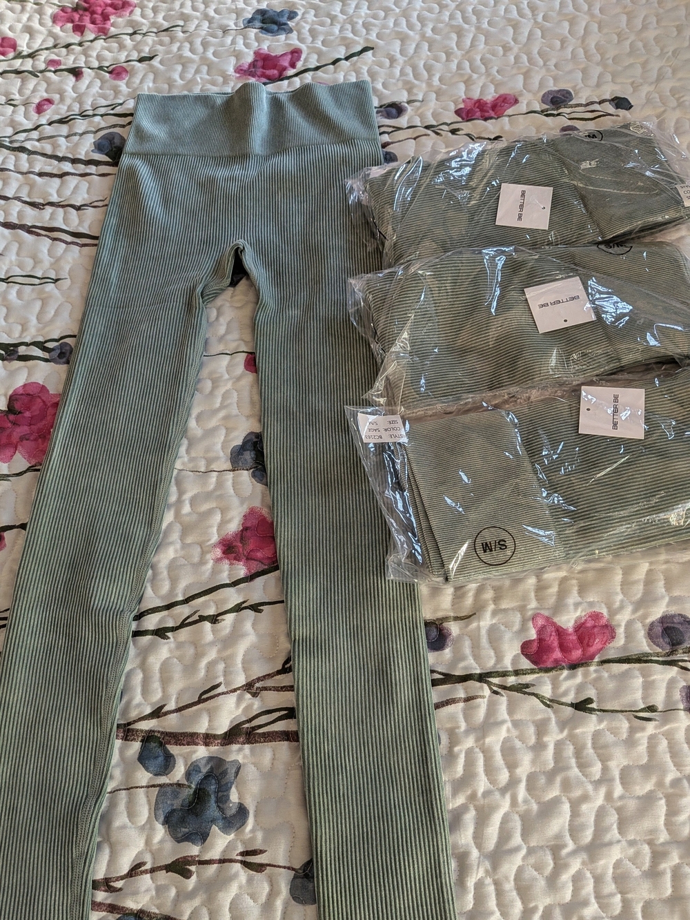 Ribbed Sage Green High-Waist Leggings